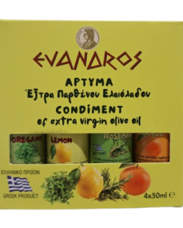 Συσκευασία αποτελούμενη από 4 διαφορετικά αρτύματα των 50 ml (  άρτυμα ελαιολάδου με έλαιο ρίγανης, λεμονιού, δενδρολίβανο πορτοκάλι).